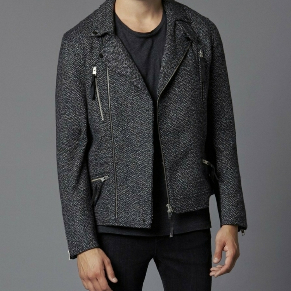 Rare! All Saints Black Men's White Wool Tweed Herringbone Jacket XL Biker